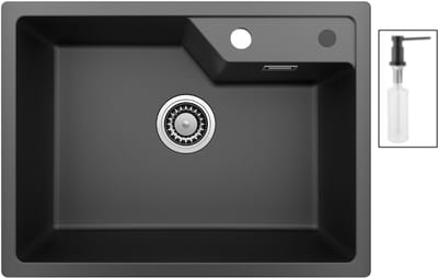 SOFETIY MAX Graniet Spoelbak 65x45cm - Spoelbak Keuken Met Zeepdispenser - Haven stijl Keuken Gootsteen Modern - Met Waterafvoersysteem & Overloop - Zwart