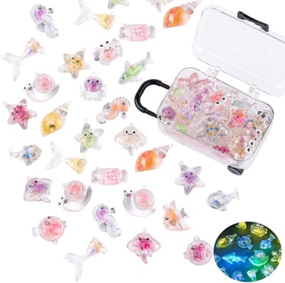30 stuks mini oceaanhars dieren met 1 stuk kofferdozen, lichtgevende kleine zeedieren beeldjes om gloed in the dark marine miniatuur te verbergen voor fee tuin poppenhuis aquarium aquarium decor