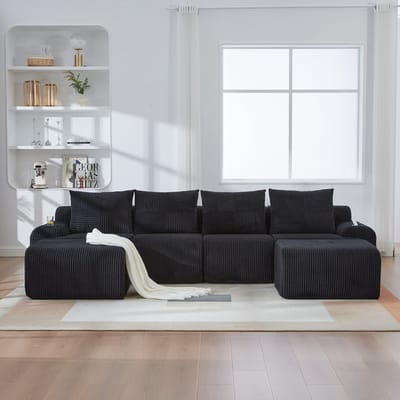 MODFU Modulaire 4-Zitsbank - Met Hocker En Bekerhouder - Moderne Stijl - Voor Woonkamer - Ribfluweel - Zwart - 333 x 174 x 80 cm