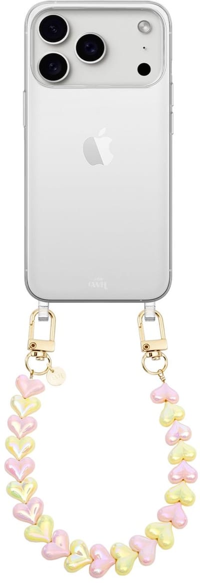 xoxo Wildhearts siliconen hoesje - Geschikt voor iPhone 17 Pro Max hoesje - Funky Hearts (Pink & Yellow Metallic) - Telefoonhoesje - Hoesje met koord - Roze en Geel koord - kort telefoonkoord - Hartjes ketting - Transparant hoesje