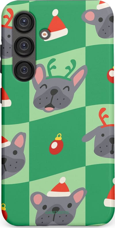 Casetastic hoesje geschikt voor Samsung Galaxy S25 - Dubbellaagse bescherming - Schattige Kersthondjes - Fashion Case - Groen Grijs