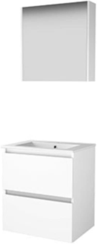 Basic-Line Comfort 46 Badkamermeubelset - 60 x 46 cm - Greeploos - 2 Lades - Keramische Wastafel - 1 Kraangat - Spiegelkast - Ice White