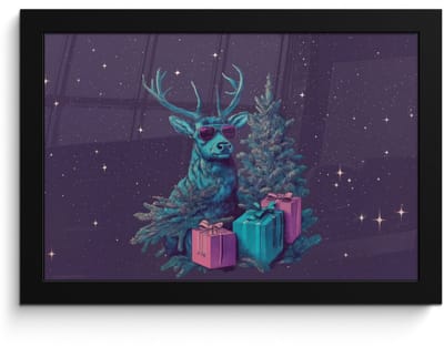 Poster in lijst - Fotolijst 30x20 cm - Posters - Rendier - Zonnebril - Neon - Kerstboom - Posterlijst zwart - Decoratie - Wanddecoratie woonkamer - Muurdecoratie slaapkamer - Kerstversiering - Kerstdecoratie voor binnen - Kerstmis