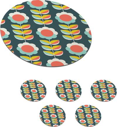 Onderzetters voor glazen - Rond - Retro - Bloemen - Scandinavisch - 10x10 cm - Glasonderzetters - 6 stuks