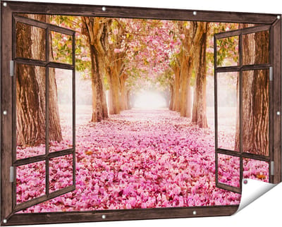 Gards Tuinposter Doorkijk Romantische Bomen Tunnel met Roze Anjers - 150x100 cm - Tuindoek - Tuindecoratie - Wanddecoratie buiten - Tuinschilderij