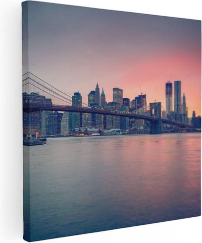 Artaza Canvas Schilderij New York Skyline - 70x70 cm - Wanddecoratie Zonsondergang - Muurdecoratie Brooklyn Bridge - Schilderijen Op Canvas Stad