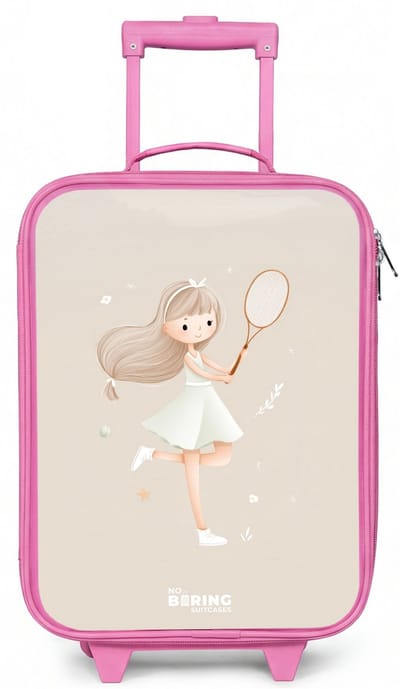 NoBoringSuitcases.com® - Kinderkoffer roze - Kindertrolley meisje - Meisje speelt tennis in beige kleuren - Koffer kind lichtgewicht - Reiskoffer trolley voor kinderen - Koffertje met lichtgevende wieltjes - Rolkoffer