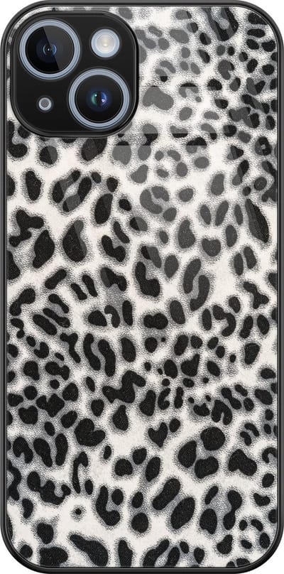 Hoesje geschikt voor iPhone 14 - Luipaard grijs - Luxe Glazen Hardcase - Luipaardprint - Grijs - Leuke Telefoonhoesjes