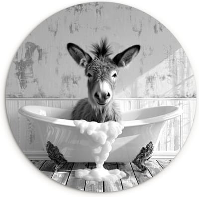 WallCircle® Wandcirkel 120x120 cm - Muurcirkel Ezel - Dieren - Vintage - Badkuip - Zwart - Wit - Dierenportret - Badkamer - Muurdecoratie woonkamer - Wanddecoratie slaapkamer - Kamer decoratie accessoires - Ronde schilderijen binnen