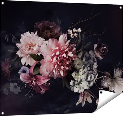 Gards Tuinposter Diverse Bloemen op Zwart Achtergrond - 100x80 cm - Tuindoek - Tuindecoratie - Wanddecoratie buiten - Tuinschilderij