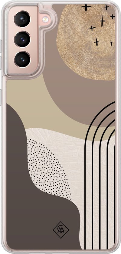 Casimoda® hoesje - Geschikt voor Samsung Galaxy S21 Plus - Abstract Almond - 2-in-1 case - Schokbestendig - Geometrisch patroon - Verhoogde randen - Bruin/beige, Transparant