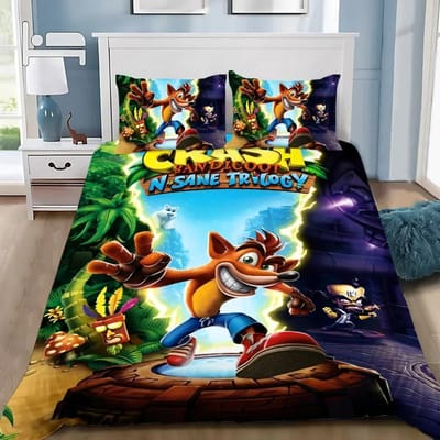 Cartoon Dekbedovertrek Kussensloop Beddengoedset Crashs Bandicoots Volwassen Jongen Meisje Slaapkamer Decoratie Kinderen Eenpersoons Tweepersoons Groot Formaat 70x130cm 2pcs blue