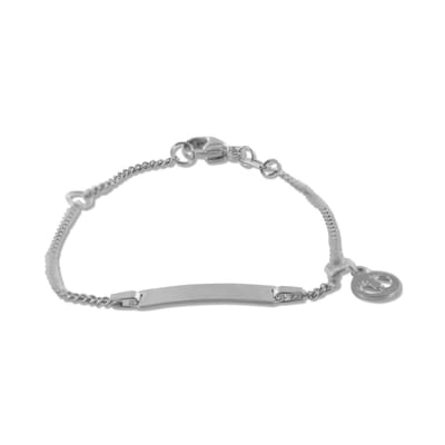 New Bling 9NB-0871 Zilveren Babyplaatbandje - Armband - Rechthoek - 18 x 4,5 mm - Hangertje - Voetjes - 6,3 mm Doorsnee - Gourmette - 1,7 mm - 12 + 2 cm - Rhodium - Zilver