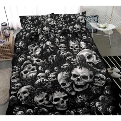Zilveren Schedelstapel 3-delige Dekbedset-Schedelstapel Dekbed-Schedel Beddengoed-Schedel Bedsprei-Schedel Bedset cot size 70x133cm