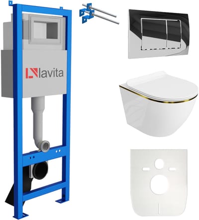 LAVITA LAV 101 SOFI SLIM GOLD LINE - Compact inbouwreservoir 40cm - Chromen drukplaat - Wit goud rimless wandcloset
