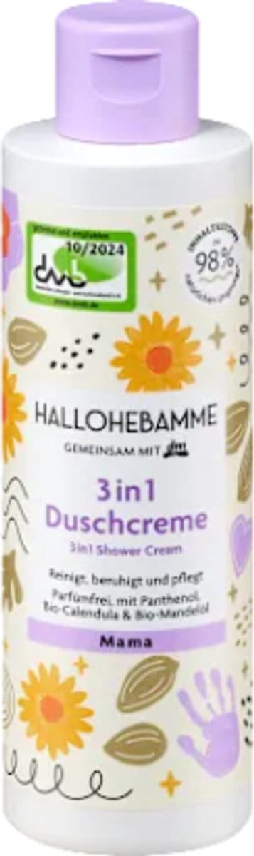 Hallohebamme 3-in-1 Douchecrème | 1x 200 ml - Lichaams- & Intieme Reiniging + Verzorging | Met Panthenol, Bio-Amandelolie & Calendula | Parfumvrij