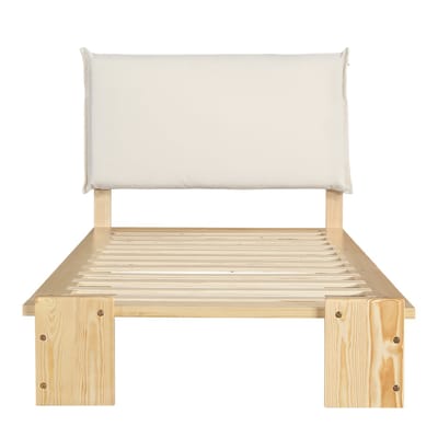Gestoffeerd Kinderbed / Eenpersoonsbed 90×200cm Naturel, Met Gevuld Hoofdbord, Stabiele Lattenbodem en Brede Poten van Kieferhout, Spons en Multiplex, Zonder Matras