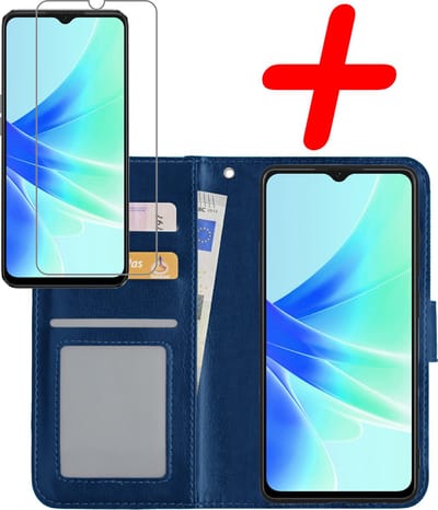Hoesje Met Screenprotector - Geschikt voor OPPO A57 - Luxe Pasjeshouder - Bookcase Portemonee - Flip Case - Kunstleer Book Case - Flipcase - Book Cover - Walletcase - Portemonneehoes - Donkerblauw