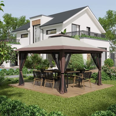 REDOM - Partytent 392 x 392 cm – Opvouwbare Pop-up Tent Met Verstelbare Hoogte En UV50+ Bescherming – Voor Tuin, Terras En Buitenactiviteiten – Polyester – Beige