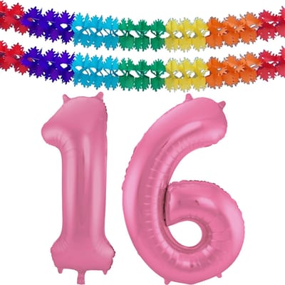 Folat Verjaardag Leeftijd folieballon - 16 jaar - roze - 86 cm - cijferballon groot - incl 2x feestslingers
