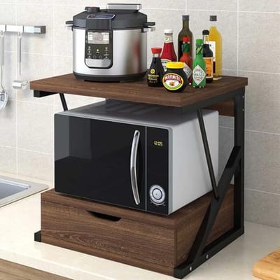 Verte Microwave Rack - Verrijdbaar Rek - Magnetronrek - Metalen Frame met MDF-Plaat en Lade - Opbergrek - Rek - Keukengerei-Houder - Keuken - Modern Design - 54 x 35 x 50 cm - Walnoot