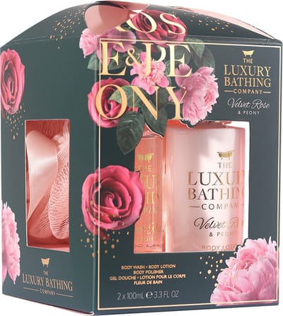 Set Cadou Glamorous Glow, Velvet Rose & Peony, Gel de Dus, Lotiune Corp, Burete Exfoliant Corp, The Luxury Bathing Company, 3 articole