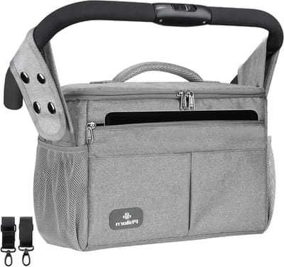 Kinderwagen organizer - geïsoleerde bekerhouder - schouderriem - grote capaciteit - universele babywagentas - grijs - handig - ruim