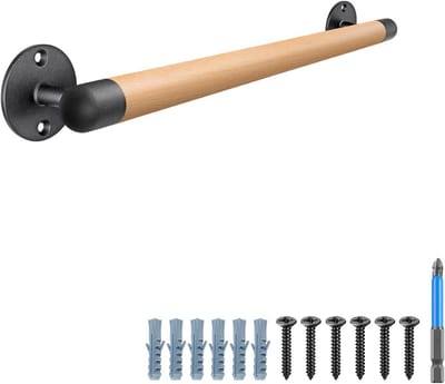 Houten Leuning 66 cm voor Gipsplaten of Beton - Robuuste Metalen Basis, Trapsteunstang voor Senioren