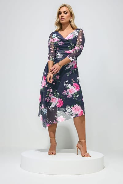 Yours London Marineblauwe Asymmetrische Jurk Met Bloemenprint Size 42