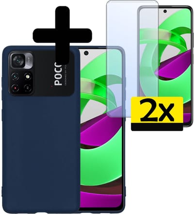 Hoesje - Met 2x Screenprotector - Geschikt voor Xiaomi Poco M4 Pro 5G - Sterk & Shockproof - Back Cover - Siliconen Case - Telefoon Hoes - Telefoonhoesjes - Donkerblauw