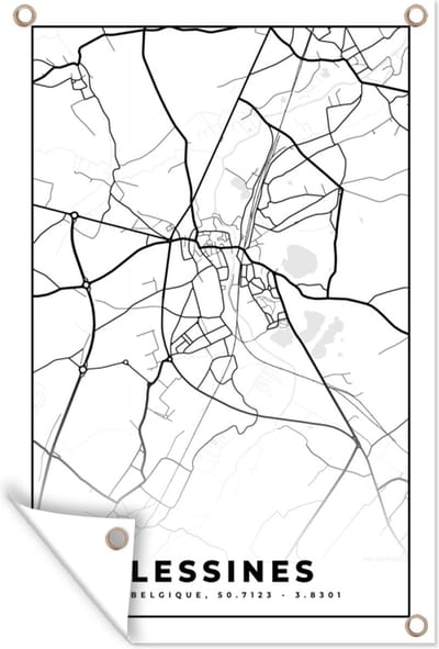 Muurdecoratie Stadskaart – Zwart Wit - Kaart – Lessines – België – Plattegrond - 120x180 cm - Tuinposter - Tuindoek