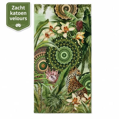 Strandlaken Groen Jungle 100x180 cm – 100% Katoen Velours – Zacht en Absorberend – Groot Badlaken met Panterprint