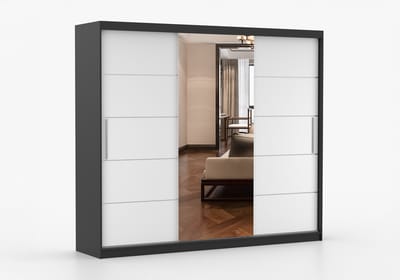 Schuifdeurkast ELBA I met Spiegel – 3-deurs kledingkast, legplanken en kledingroede – modern design – 250x218x61 cm - ELBA I (Zwart + Wit)