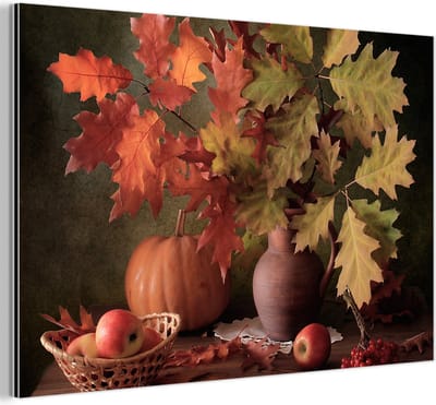 Aluminium schilderij 180x120 cm - Wanddecoratie metaal - Stilleven - Pompoen - Bladeren - Appel - Kersen - Herfst - Metalen muurdecoratie woonkamer - Decoratie industrieel - Foto op dibond - Industriële accessoires slaapkamer