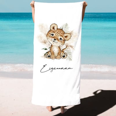 Strandlaken - Badhanddoek met print - Strandhandoek - Gepersonaliseerde handdoek kind - Zwemmen - Badlaken leeuwtje en naam