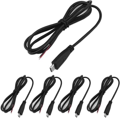 Dailygoody - USB C Pigtail Kabel 5x 1m 22AWG 5V 3A - Voor Arduino & LED Strips