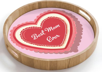 Dienblad rond 40x40 cm - Schootdienblad hout - Tekst - Hartje - Moeder - Roze - Borrelplank rechthoek - Plateau houten dienbladen
