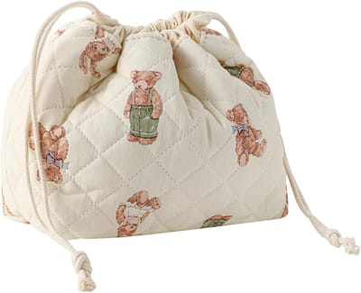 Opbergtas voor cosmetica - Cosmetische tas met trekkoord - Make-uptas met trekkoord van katoen - gevoerd met canvas - schattige cosmetische toilettas voor op reis, met trekkoord voor vrouwen en meisjes (Witte beer)