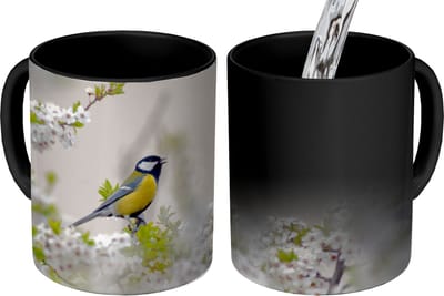 Magische Mok - Foto op Warmte Mokken - Koffiemok - Vogel - Koolmees - Bloemen - Bloesemboom - Magic Mok - Beker - 350 ML - Theemok