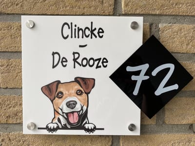 Naambordje / huisnummer voordeur hond jack Russel wit
