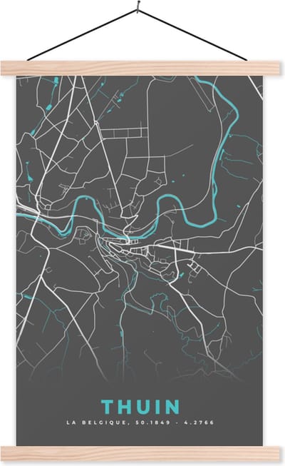 Posterhanger incl. Poster 40x60 cm - Schoolplaat - Stadskaart – Grijs - Kaart – Thuin – België – Plattegrond - Textielposter - Blanke latten - Stadskaart