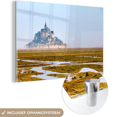 ® Glasschilderij 180x120 cm - Schilderij acrylglas - Kasteel - Frankrijk - Mist - Water - Foto op glas - Muurdecoratie woonkamer - Wanddecoratie slaapkamer - Schilderijen