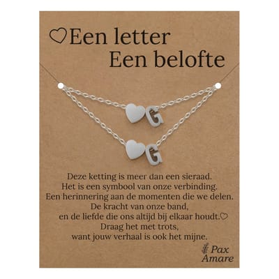 Letter G ketting + armband set op Cadeau Kaartje - Een letter, een belofte - Zilverkleurig Stainless Steel - Initiaal & Hartje Hanger - Pax Amare