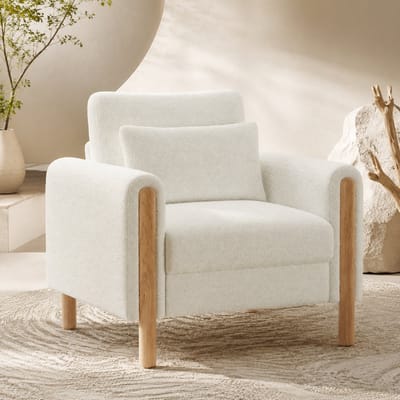 Fauteuil - Dik zitkussen - Met leuning - Enkel Zetel - Relaxstoel - loungestoel - Comfortabele Design met Houten Frame - Wit
