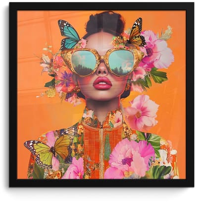 Poster in lijst - Fotolijst 40x40 cm - Posters - Vlinders - Vrouw - Zonnebril - Kleurrijk - Posterlijst zwart - Decoratie - Wanddecoratie woonkamer - Muurdecoratie slaapkamer