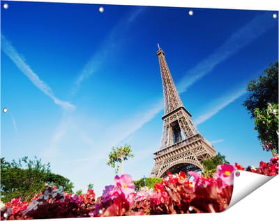 Gards Tuinposter Eiffeltoren in Parijs met Bloemen - 120x80 cm - Tuindoek - Tuindecoratie - Wanddecoratie buiten - Tuinschilderij