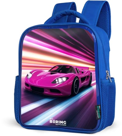 NoBoringSuitcases.com® - Rugzak blauw - Schooltas jongens - Roze raceauto flitst door neonlicht - Kinder rugtas jongen - Boekentas kind - Kinderrugzak voor school - Schoolrugzak
