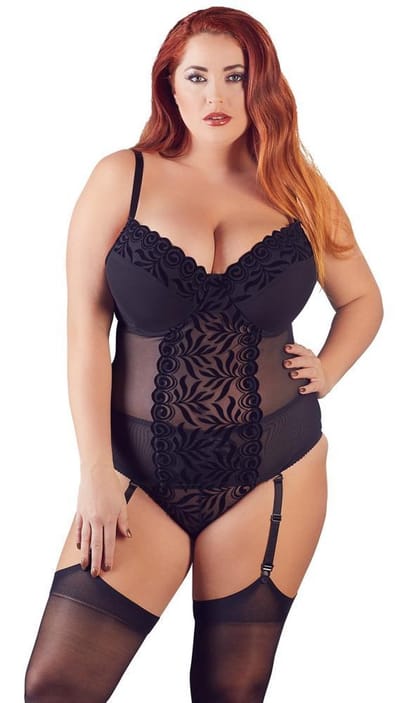 Cottelli Plus Size –  Jarretel Body met Licht Gevoerde Cups en Flockprint Licht Transparant – Maat 85D/L – Zwart