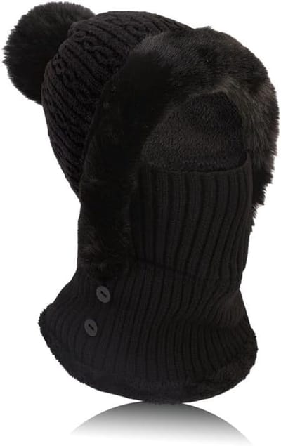 Muts - Dames Gebreide Wintermuts met Pompon - Flexibele Ski- en Nekwarmerset - Perfect voor Buiten - Kamperen - en Sport - One Size - Ideaal Cadeau voor Hem en Haar （ Zwart ）