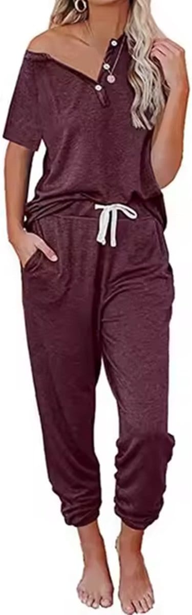 Boncy® Pyjama Set Dames Loungewear Vtop Rood - Pyama Nachtkleding Volwassenen - Pyjamabroek Meisje - Maat S
